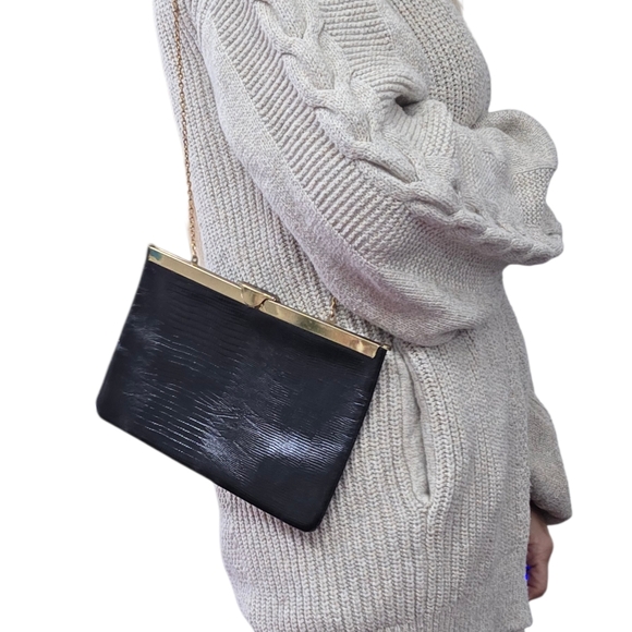 Vintage 1960s ETRA Black Lizard Embossed Kisslock Chain Evening Bag